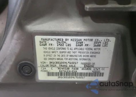 2004 Nissan Sentra 1.8 z USA, uszkodzony, nr VIN 3N1CB51D54L915217